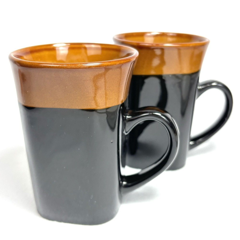 Royal Norfolk Black Brown 2 Tone Western Square 14oz Coffee Mug Stoneware 2pc